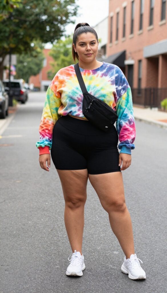 10. Tie-Dye Sweatshirt with Bike Shorts