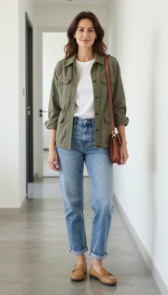 2. Olive Utility Jacket + White Denim + Tan Loafers