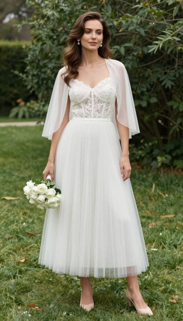 Young woman in lace corset, tulle skirt, and sheer cape standing in garden with bouquet