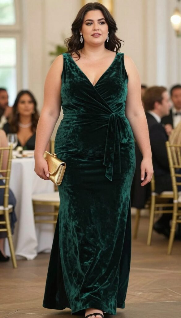 1. The Velvet Wrap Gown with Statement Earrings