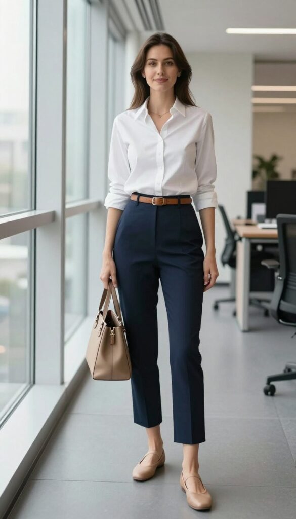 3. Button-Down Shirt + A-Line Midi Skirt