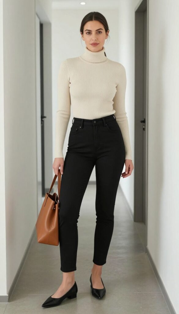 4. High-Waisted Trousers with a Fitted Turtleneck