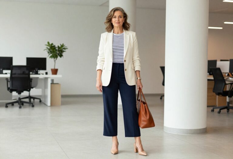 Woman in cream blazer, striped tee, and wide-leg trousers standing in office lobby
