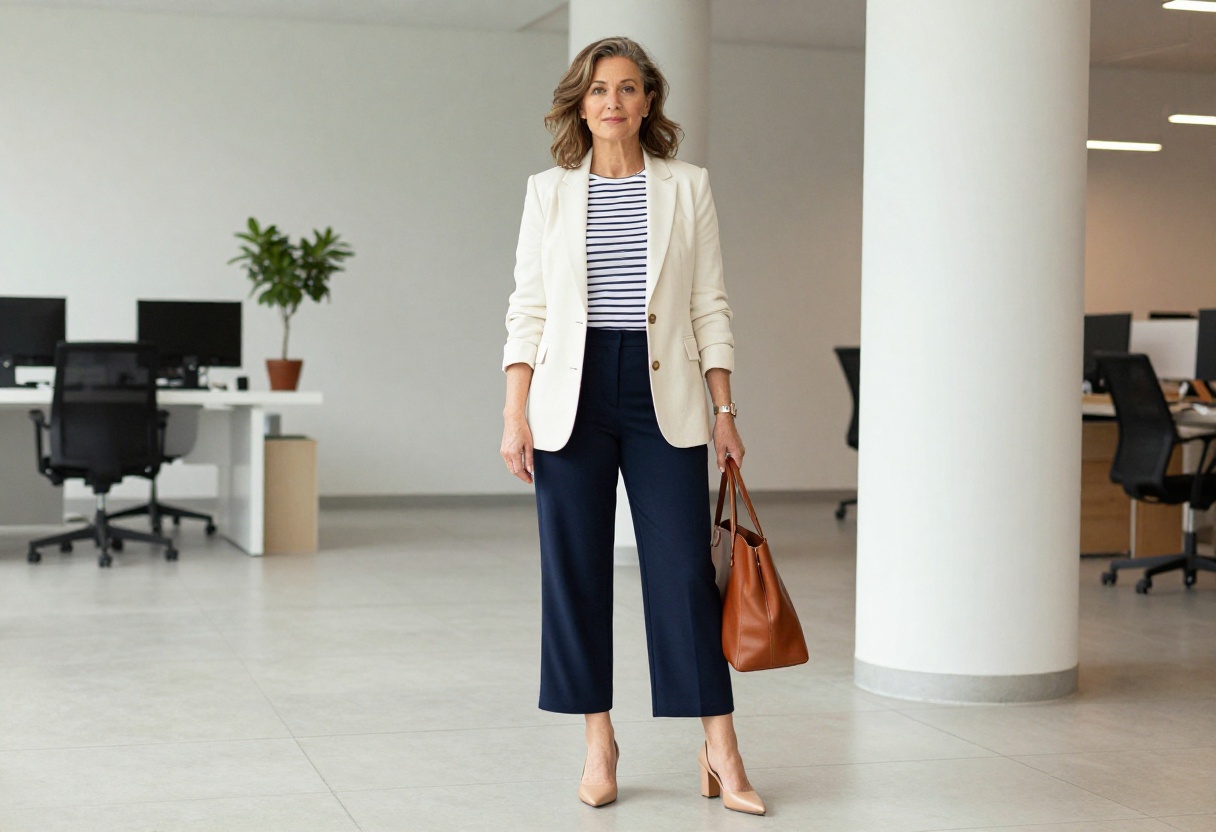 Woman in cream blazer, striped tee, and wide-leg trousers standing in office lobby