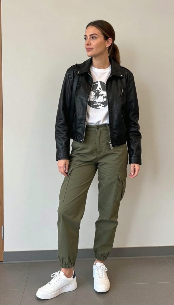 9. Leather Jacket + Graphic Tee + Cargo Pants + Chunky Sneakers