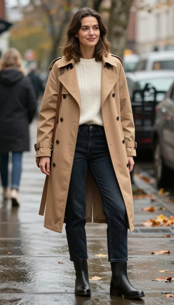 1. Camel Trench Coat + Chunky Knit Sweater + Straight-Leg Jeans + Ankle Rain Boots