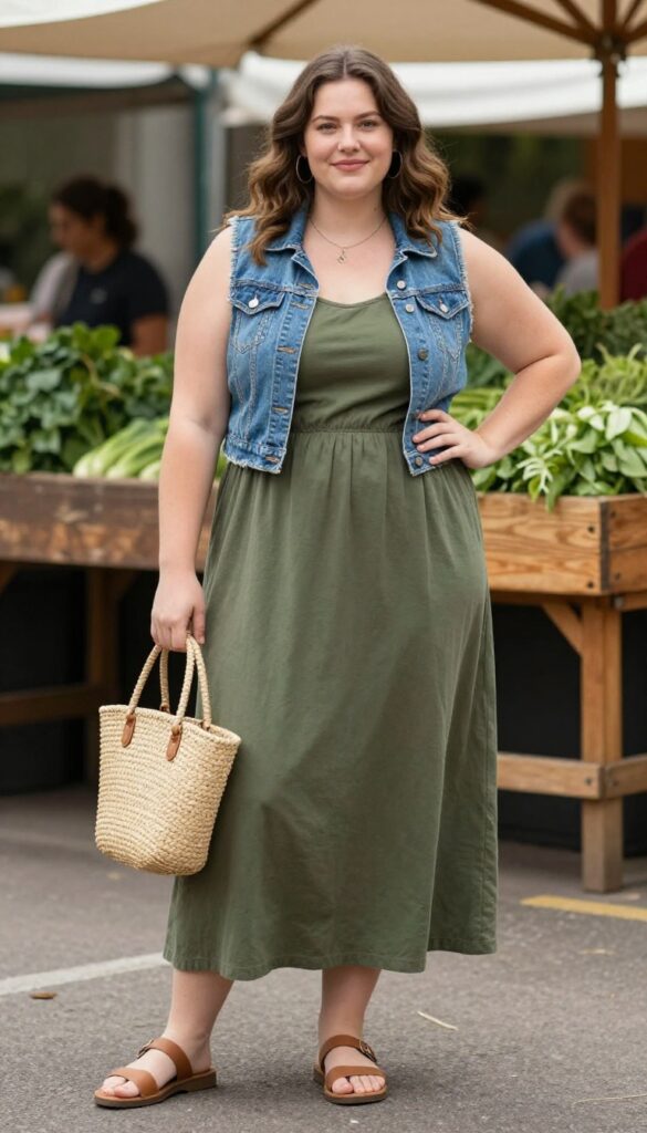 10. Maxi Dress + Denim Vest + Sandals
