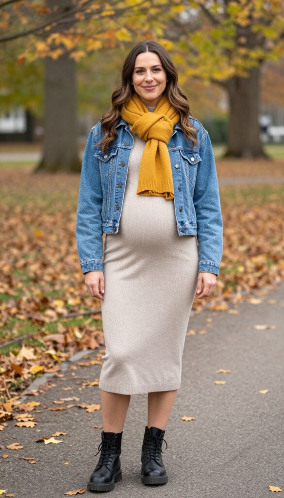 3. Knit Midi Dress with a Denim Jacket and Combat Boots