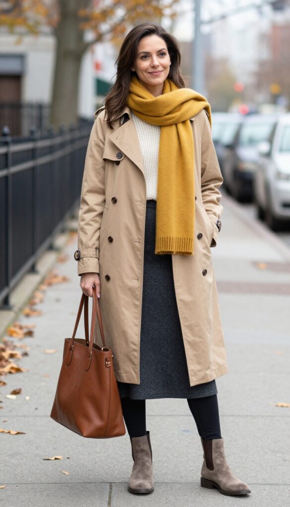 6. Trench Coat with Midi Skirt