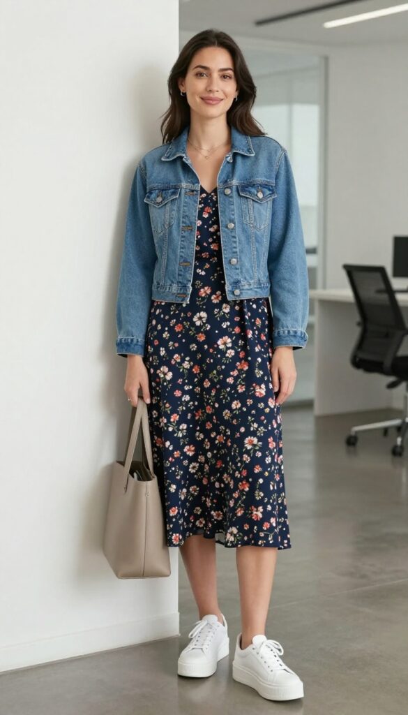 2. Midi Dress + Denim Jacket + Platform Sneakers