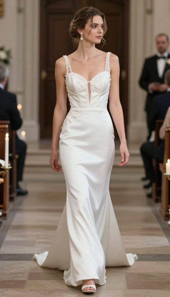 Bride in white wedding dress with dramatic low illusion back, walking down candlelit aisle