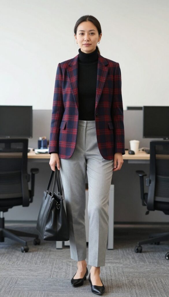 10. Plaid Blazer + Black Turtleneck + Gray Trousers