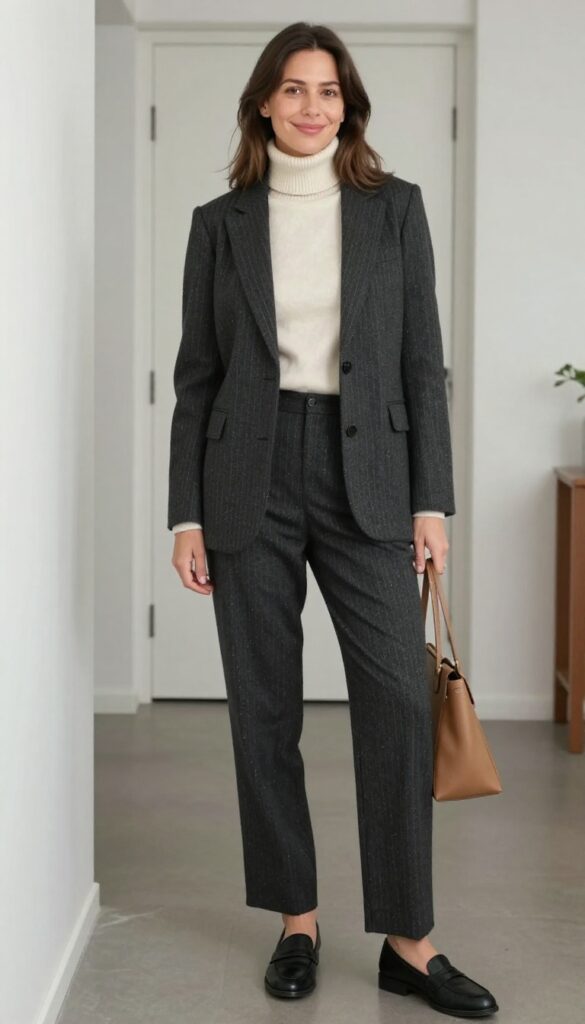 12. Pinstripe Wool Suit with a Cashmere Turtleneck