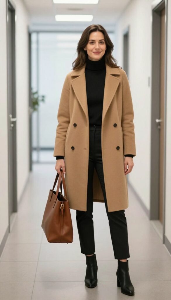 3. Black Turtleneck + Black Pants + Camel Coat