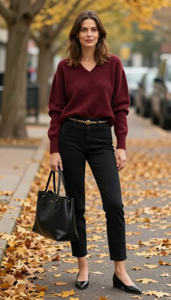 15. V-Neck Sweater and Cigarette Pants