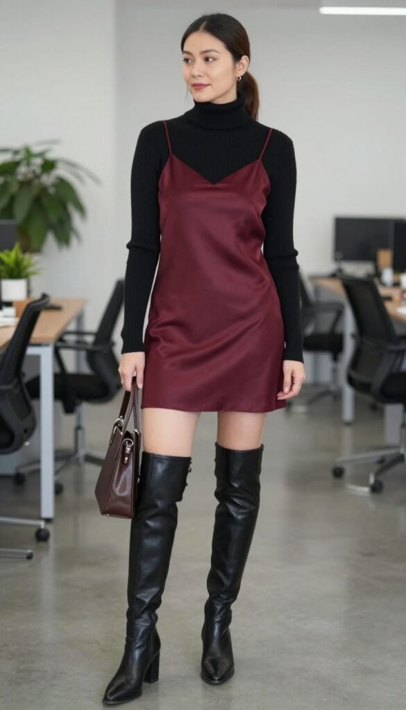7. Slip Dress + Turtleneck + Knee-High Boots