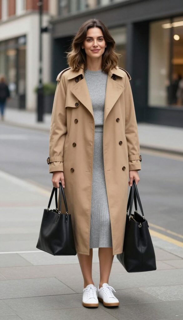 14. Trench Coat with a Knit Dress and Sneakers