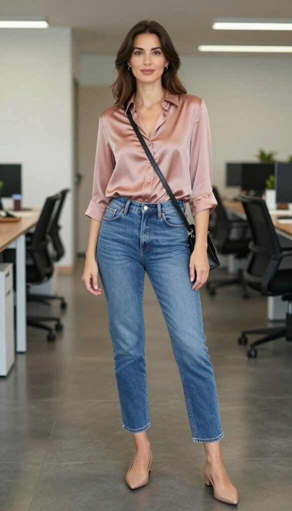 2. Silk Blouse with High-Waisted Straight Jeans
