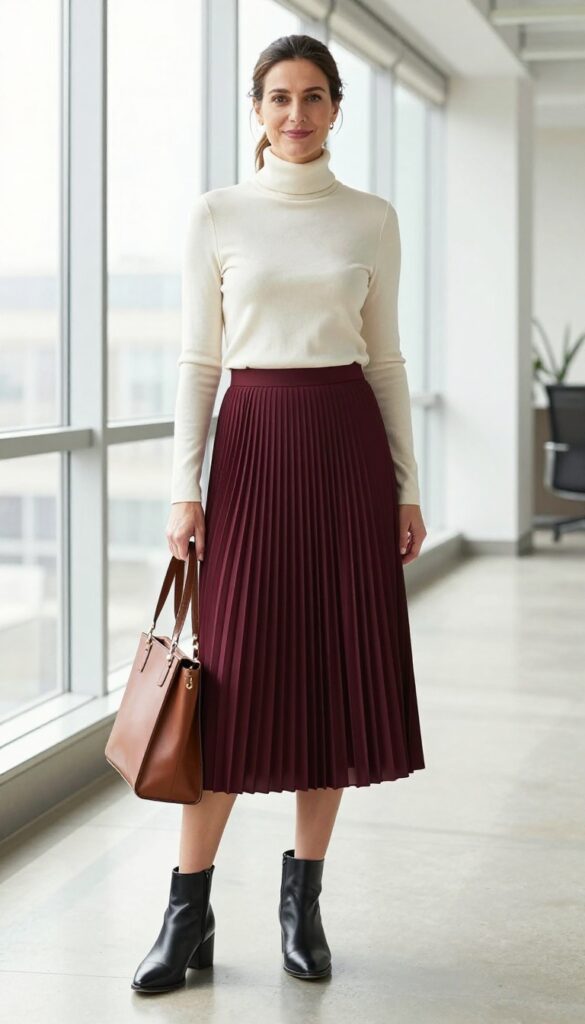 3. Midi Pleated Skirt + Turtleneck + Ankle Boots