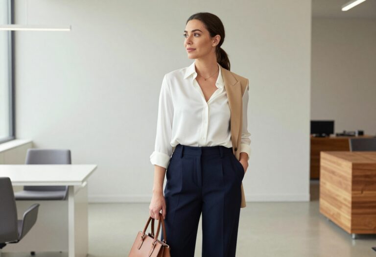 Woman in camel blazer and wide-leg trousers standing in modern office lobby