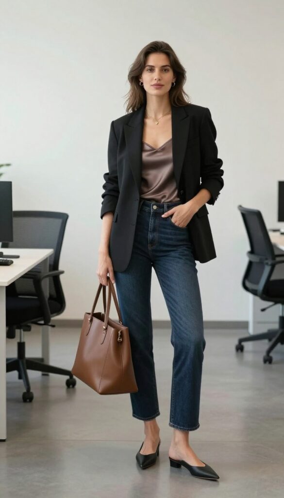 2. Silk Camisole + Tailored Blazer + Straight-Leg Jeans