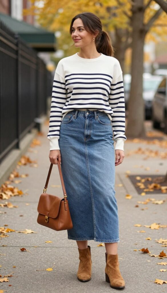 15. Layered Tees with a Denim Skirt and Ankle Boots