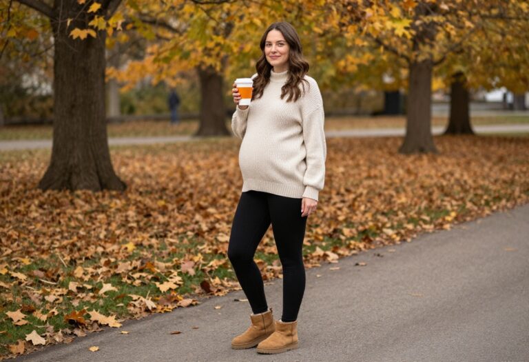 Pregnant woman in cozy fall maternity outfit with oversized sweater and ankle boots