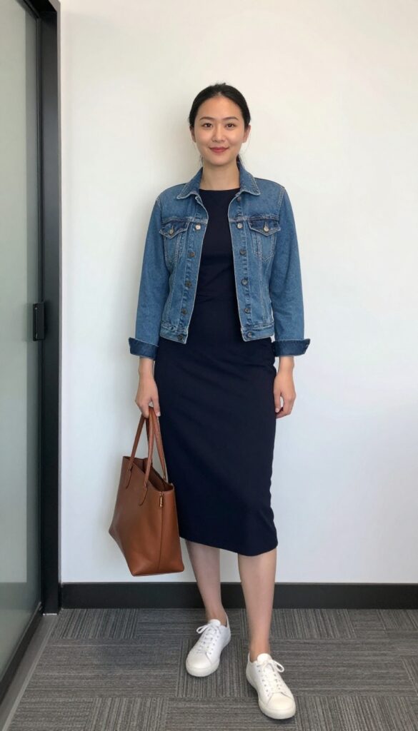 4. Midi Dress + Denim Jacket + Classic Sneakers