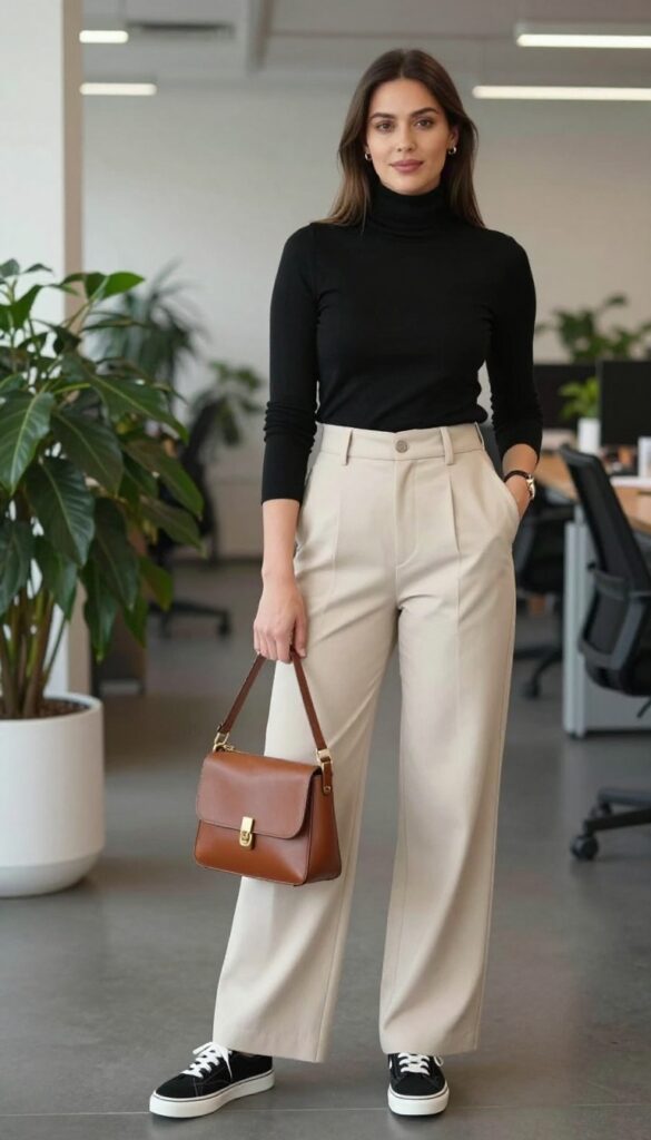 5. Wide-Leg Trousers + Turtleneck + Leather Sneakers