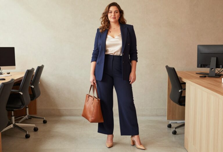 Curvy woman in navy blazer and wide-leg trousers standing in office lobby