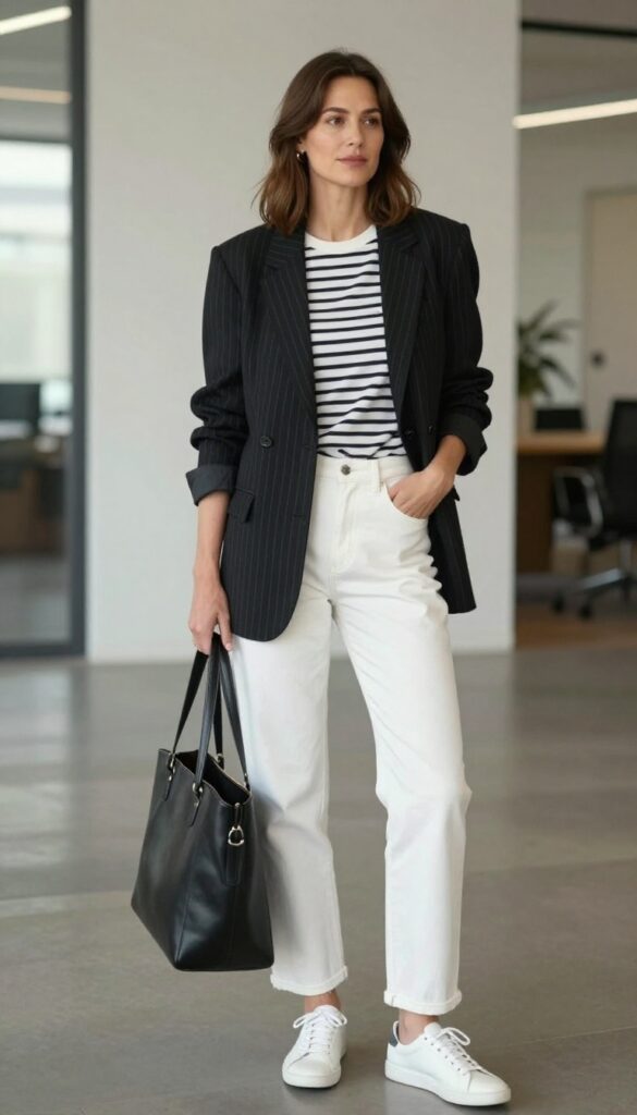 11. The Pinstripe Blazer with White Jeans