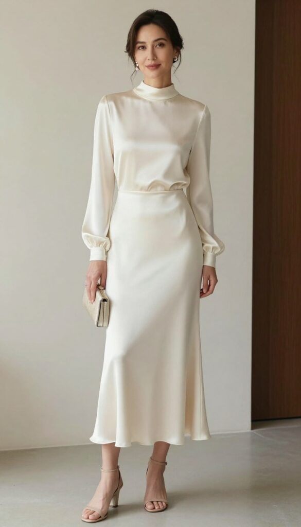 Woman in ivory satin high-neck gown with low back, pearl earrings, and clutch in elegant ballroom
