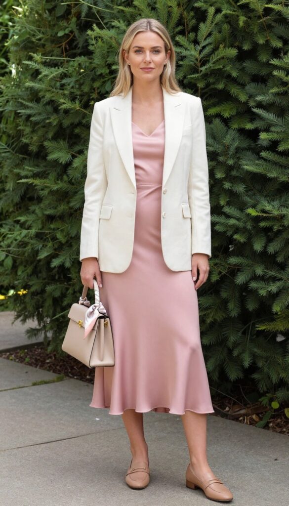 Preppy reception outfit with pastel pink satin cap sleeves wedding dress, cream blazer, tan loafers, and beige handbag with silk scarf in garden setting.