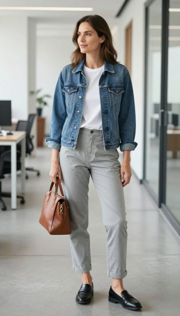11. Denim Jacket + Gray Chinos + Loafers