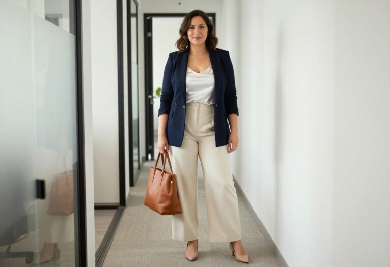 Curvy woman in navy blazer and wide-leg trousers standing in office hallway