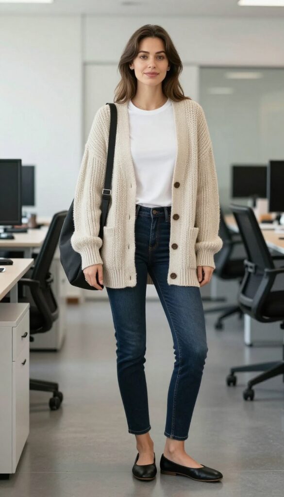 4. Chunky Cardigan + Skinny Jeans + Ballet Flats