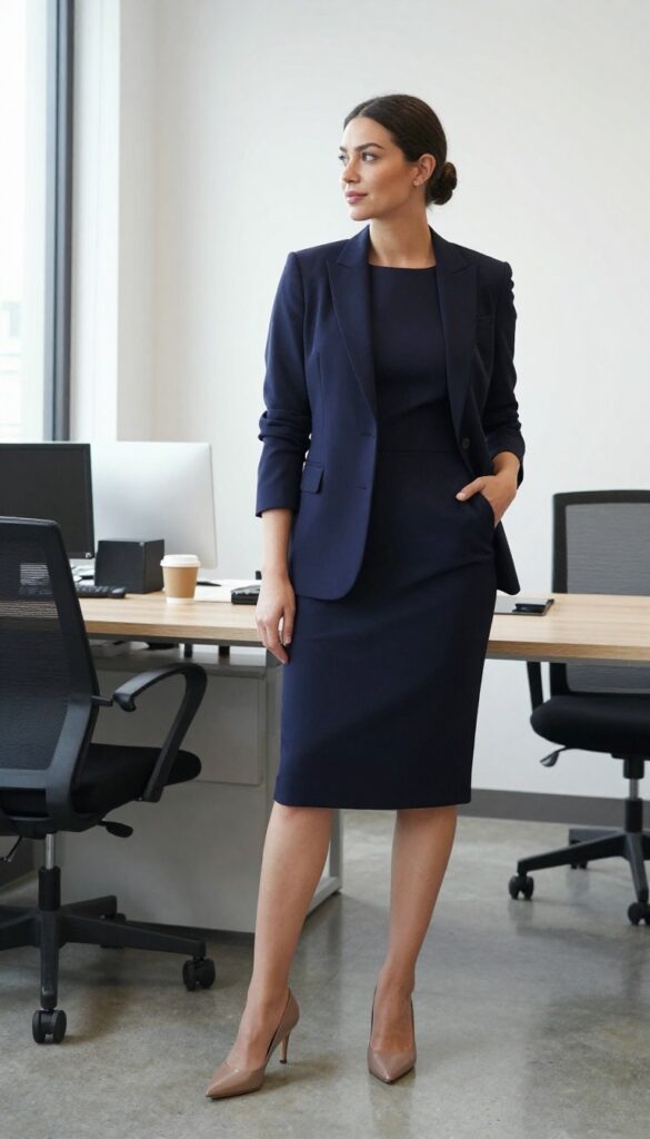 1. The Classic Sheath Dress with a Structured Blazer