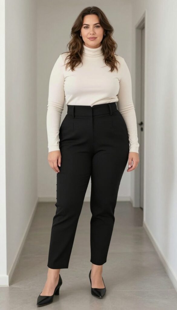4. High-Waisted Tapered Trousers with a Fitted Turtleneck