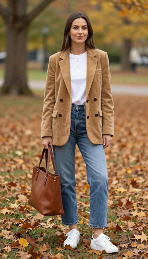 4. Corduroy Blazer + White Tee + Straight-Leg Jeans