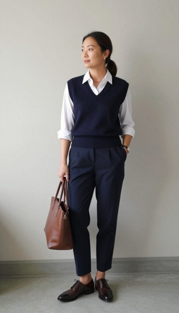 9. Navy Sweater Vest + Button-Down + Pleated Trousers