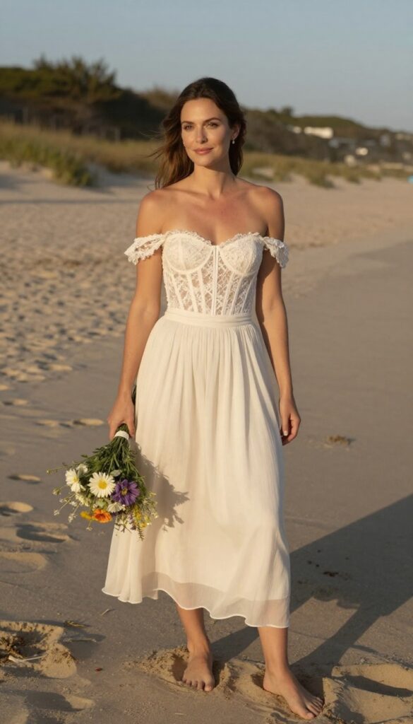 Off-the-shoulder white lace corset top and high-waisted flowy chiffon skirt in ivory, barefoot on beach at golden hour, holding wildflowers.
