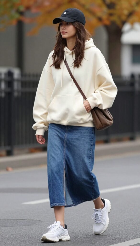 8. Cozy Hoodie and Long Denim Skirt