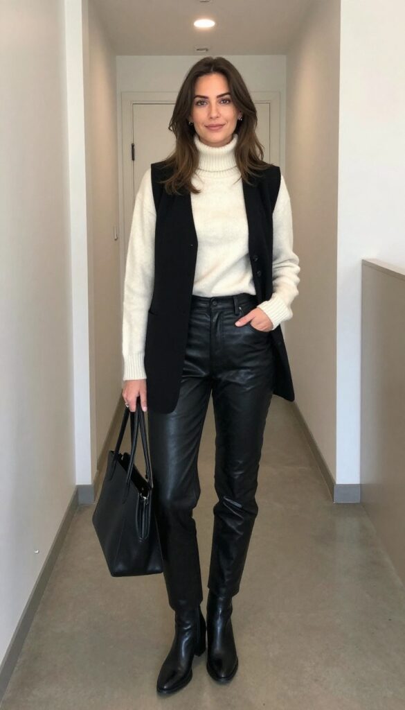 4. Black Vest + Turtleneck + Leather-Look Pants
