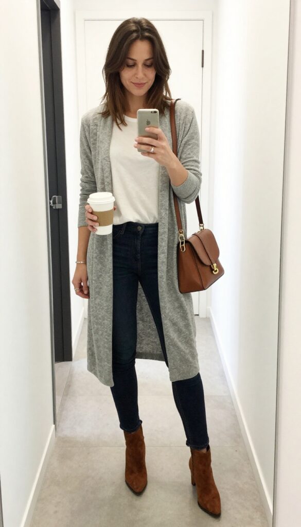 6. Gray Cardigan + White Tee + Dark Wash Skinny Jeans + Ankle Boots