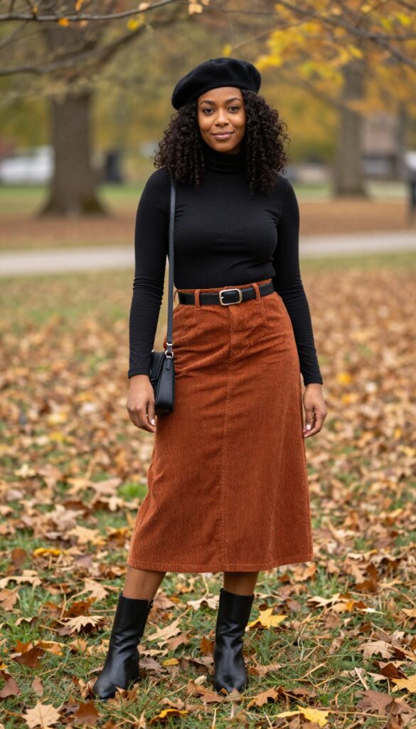4. Corduroy Midi Skirt + Turtleneck + Knee-High Boots