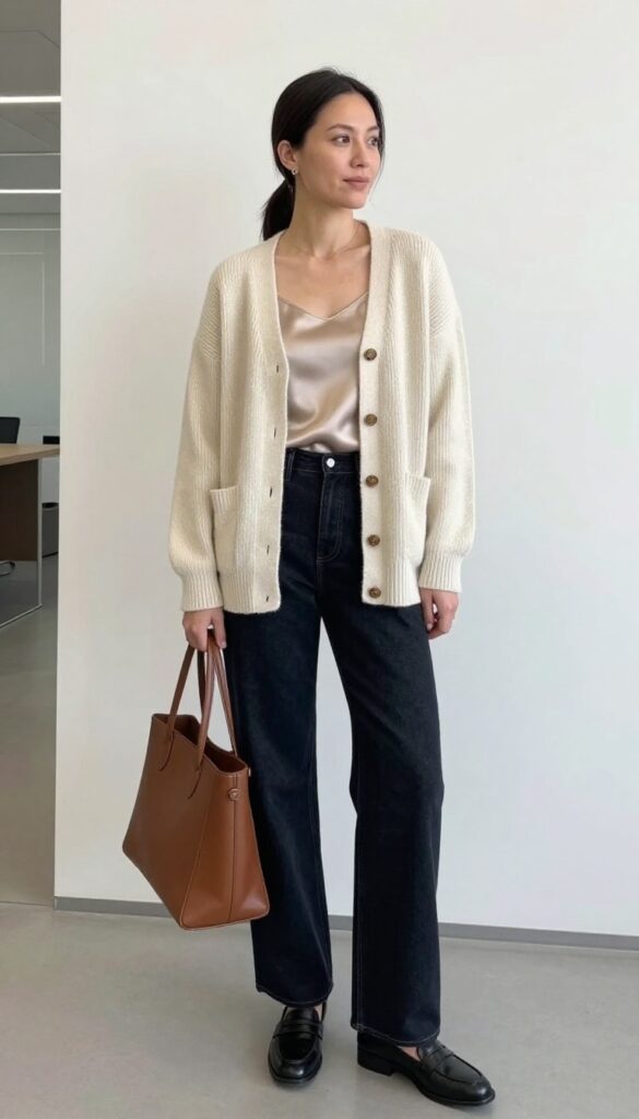 11. Cashmere Cardigan + Silk Camisole + Wide-Leg Jeans + Loafers