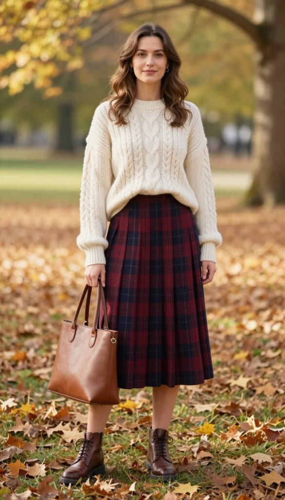 9. Cable-Knit Sweater with Pleated Midi Skirt and Oxfords