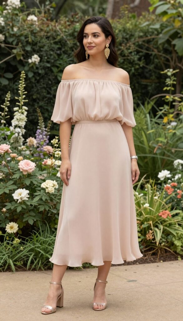 6. Off-Shoulder Dress with Statement Earrings