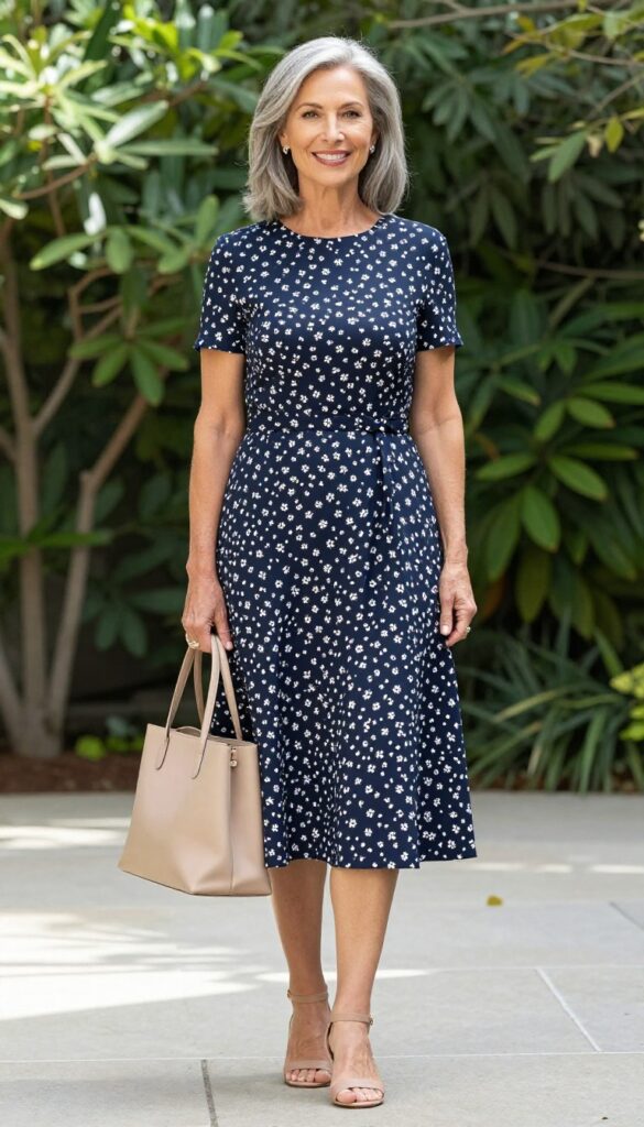 Older woman in navy floral A-line midi dress with low heels and beige handbag in garden
