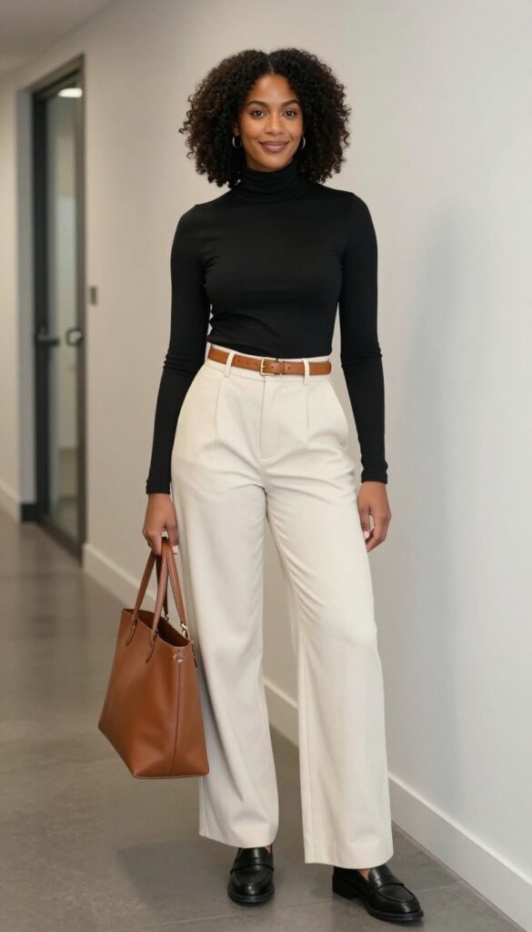 2. Wide-Leg Trousers with a Fitted Turtleneck